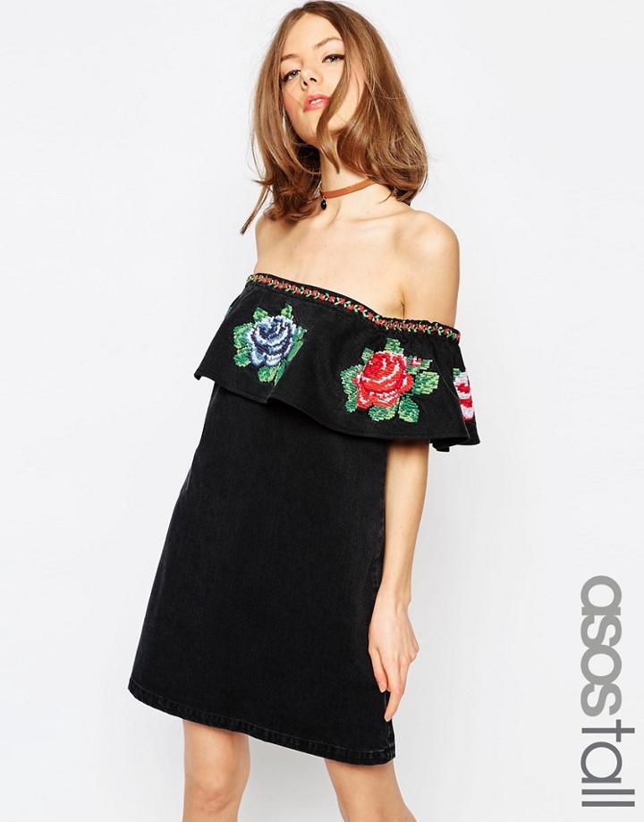 Asos Tall Denim Embroidered Bardot Dress In Washed Black - Black