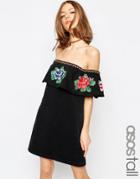 Asos Tall Denim Embroidered Bardot Dress In Washed Black - Black