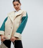 Prettylittlething Color Block Shearling Jacket In Cream - Multi