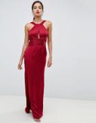 Little Mistress Satin Maxi Dress With Keyhole And Gathered Detail - Red