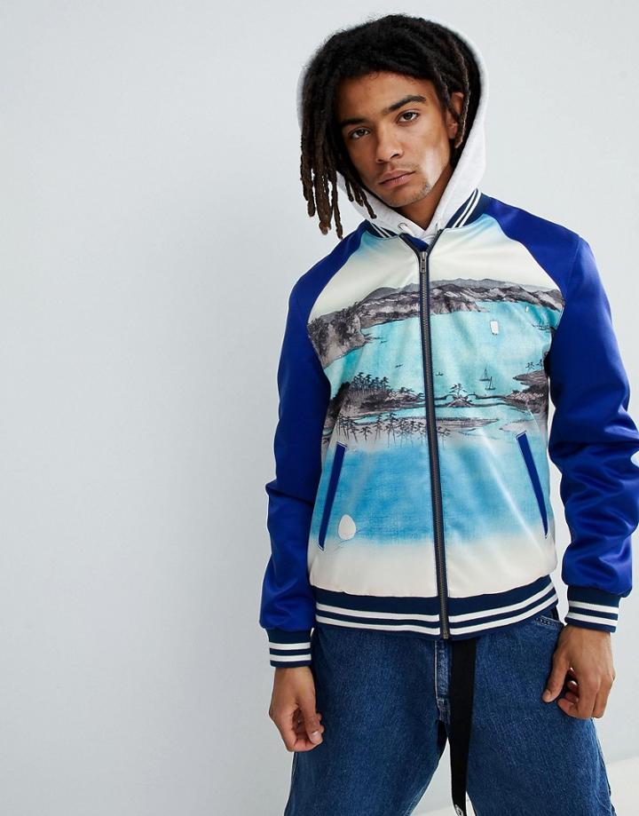 Asos Design Varsity Bomber Jacket With Print In Blue - Blue