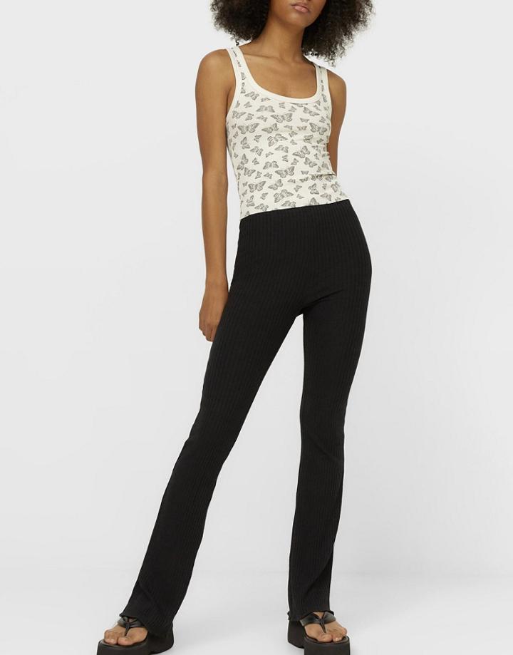 Stradivarius Str Ribbed Flare Pants In Black