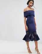 Asos Scuba Bardot Lace Insert Circle Pephem Dress - Navy