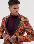 Asos Design Skinny Tuxedo Blazer With Floral Jacquard In Orange - Red