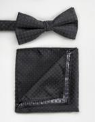Selected Black Textured Bow Tie And Pocket Square - Black