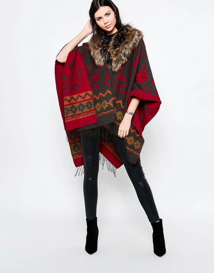 Jayley Embroidered Silk Cashmere Mix Fur Trim Poncho - Gray