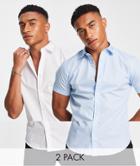 Jack & Jones 2 Pack Smart Shirt With Short Sleeves In Slim Fit White & Blue-multi