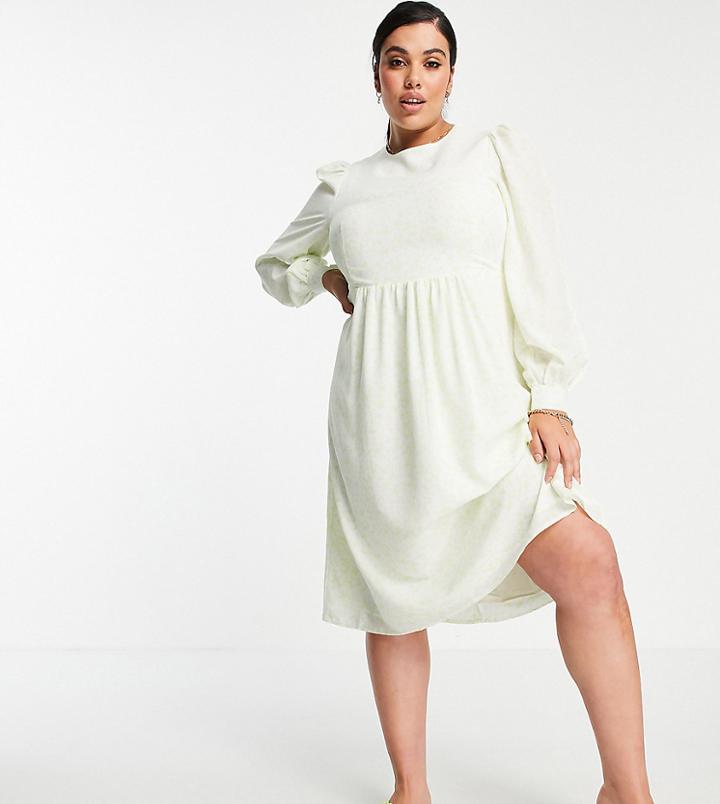 Fashion Union Plus Midi Smock Dress With Balloon Sleeves In Lime Floral-green