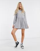 Miss Selfridge Long Sleeve Knitted Mini Smock Dress In Gray Heather-grey