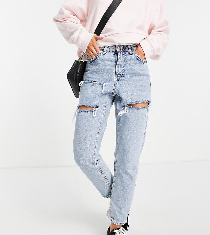 Topshop Petite Organic Cotton Mom Rip Jeans In Bleach-blues