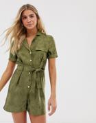 Miss Selfridge Jacquard Utility Romper In Khaki-green