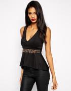 Asos Peplum Top With Embellished Trim And Lace Back - Black $30.00