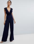 Asos Wrap Lace Jumpsuit With Wide Leg-navy