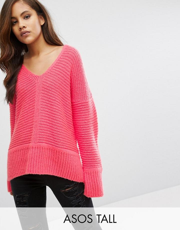 Asos Tall Chunky Sweater In Fluffy Yarn With V Neck - Pink