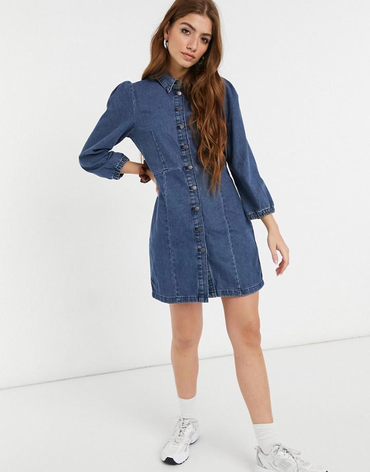Jdy Denim Puff Sleeve Shirt Dress In Blue-blues