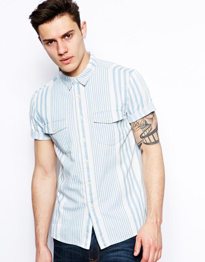 Asos Striped Denim Shirt In Short Sleeve