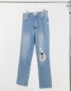 Asos Design Dad Jeans In Vintage Mid 90s Wash With Knee Rip-blue