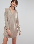 Asos Knitted Mini Dress With V Neck - Beige