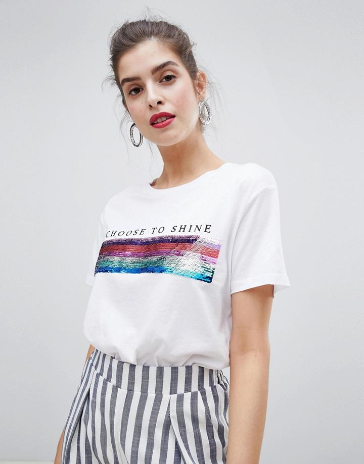 Stradivarius Sequin Slogan Shine Tee - White