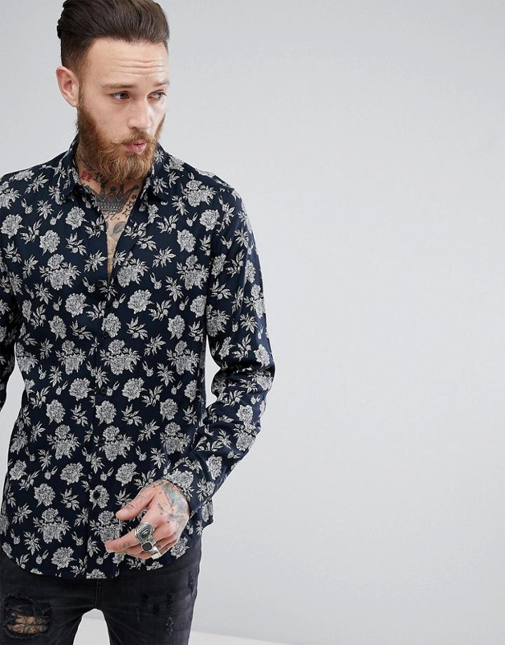 Asos Regular Fit Viscose Floral Print Shirt - Navy
