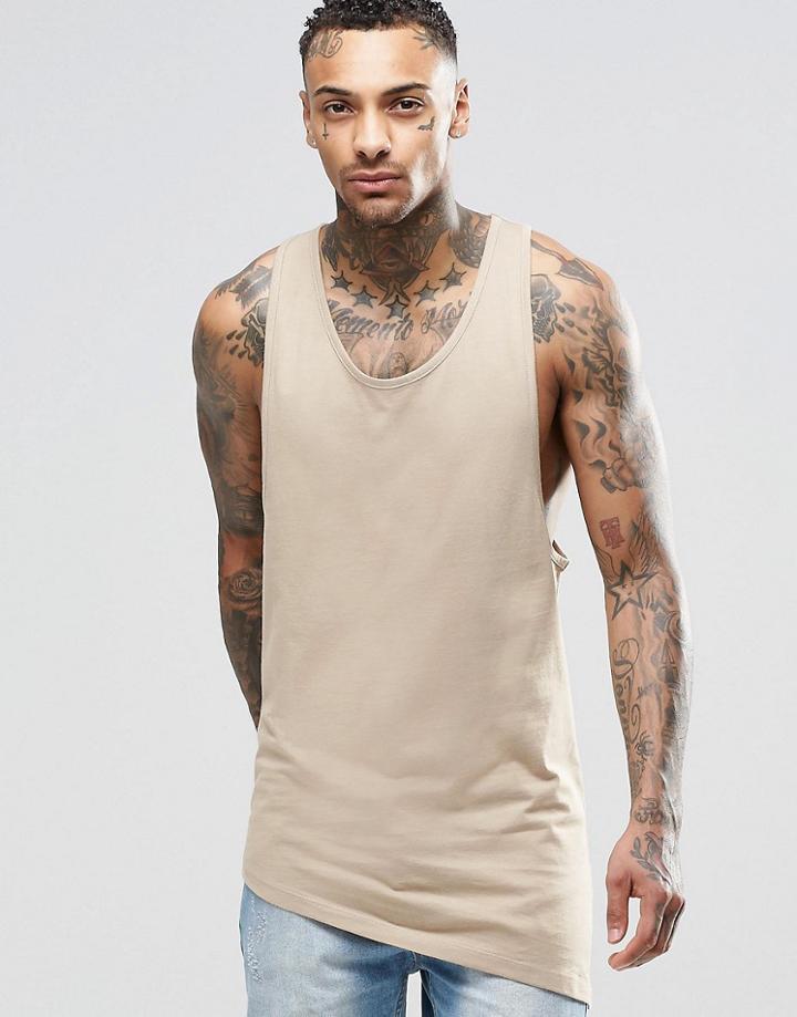 Asos Longline Vest With Asymmetric Hem And Extreme Racer Back In Beige - Beige