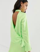 Asos Design Long Sleeve Neon Top With Wrap Back Detail In Satin Two-piece - Green