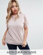 Asos Curve T-shirt With Lace Plunge And Sleeve - Pink