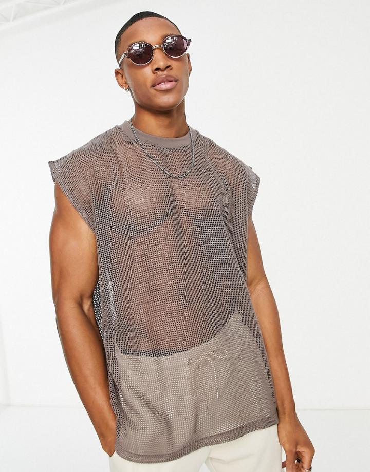 Asos Design Oversized Tank Top In Dark Gray Mesh