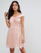 Forever Unique Bardot Cross Over Mini Lace Skater Dress - Pink