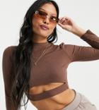 Asos Design Petite Long Sleeve Cut Out Under Bust Crop Top In Brown