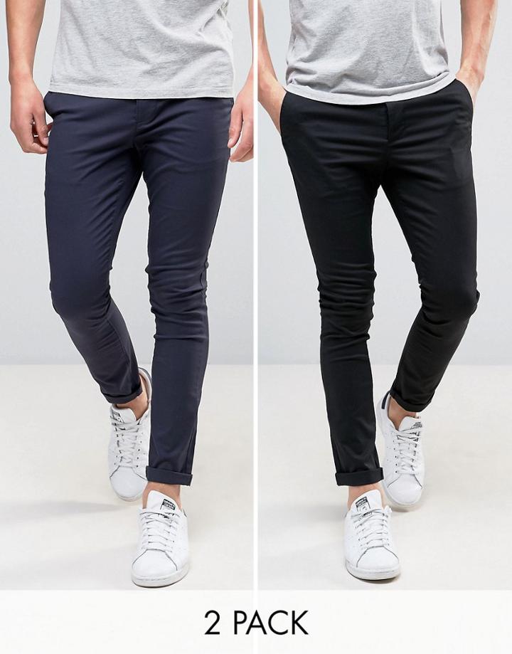 Asos Design 2 Pack Super Skinny Chinos In Black & Navy Save-multi