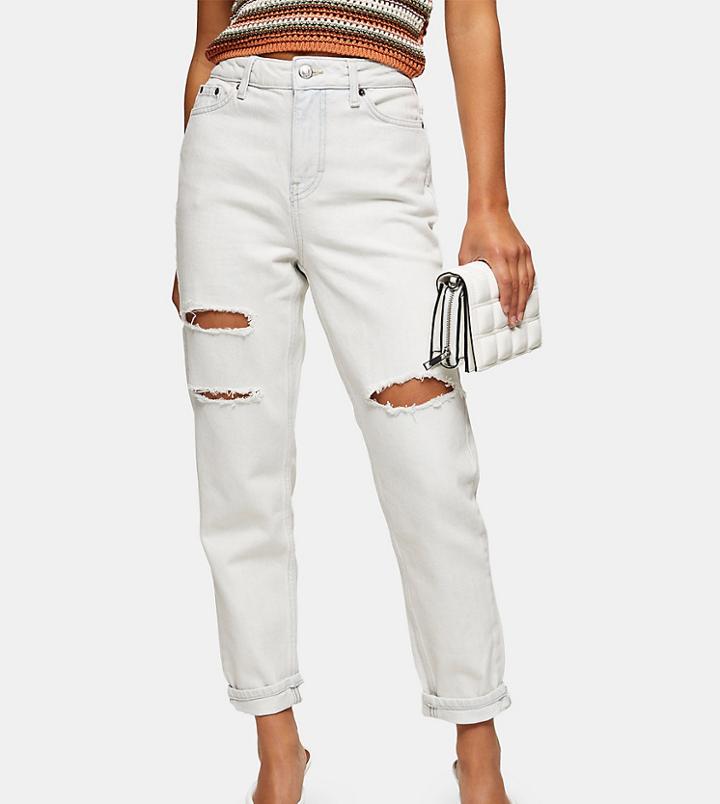 Topshop Petite Sofia Mom Jeans In Bleach Wash-blues
