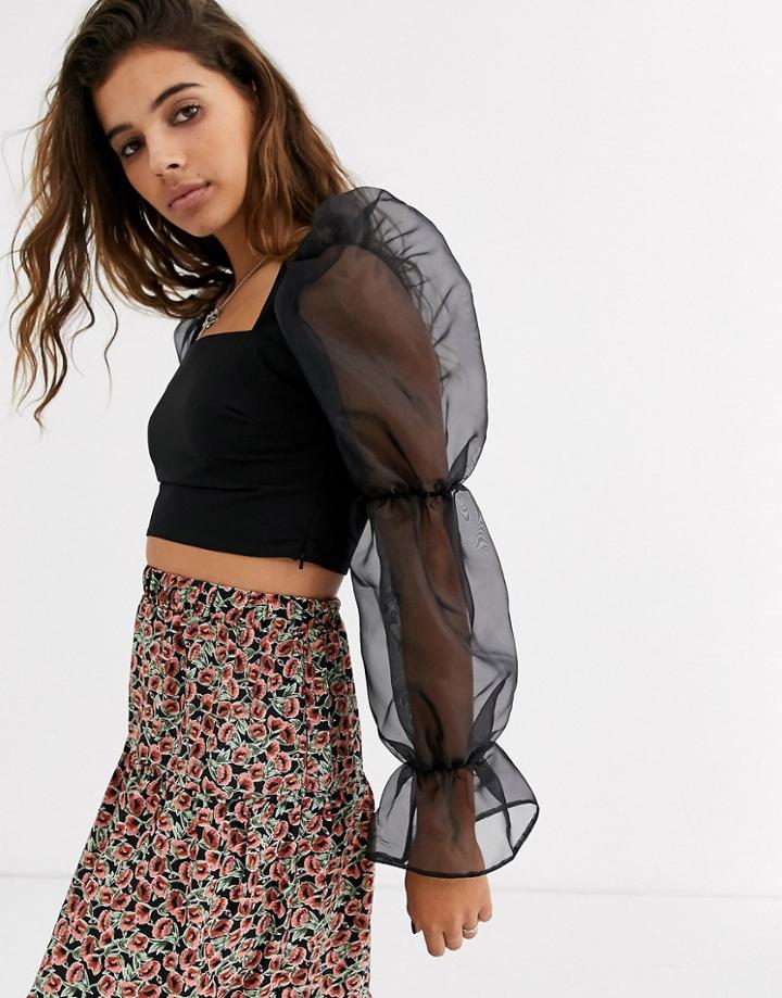 Asos Design Crop Top With Organza Sleeve Detail-black