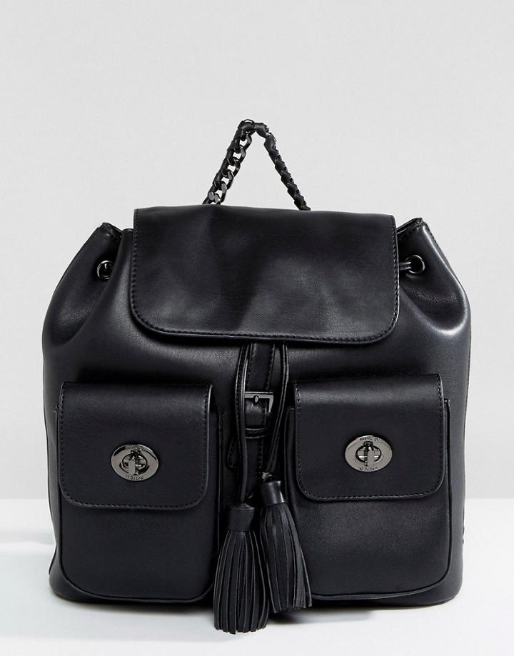 Marc B Double Pocket Backpack With Tassel Detail In Black - Black