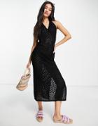 Miss Selfridge Crochet Maxi Halter Dress In Black-white