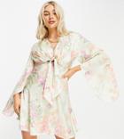 Asos Design Petite Cape Sleeve Satin Mini Dress With Knot Front In Floral Print-multi