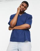 Asos Design Oversized Half Sleeve Rib T-shirt With V Neck In Navy-blues