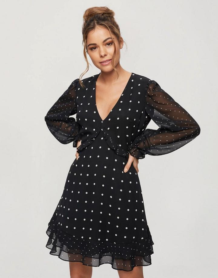 Miss Selfridge Chiffon Mini Dress In Black Polkadot