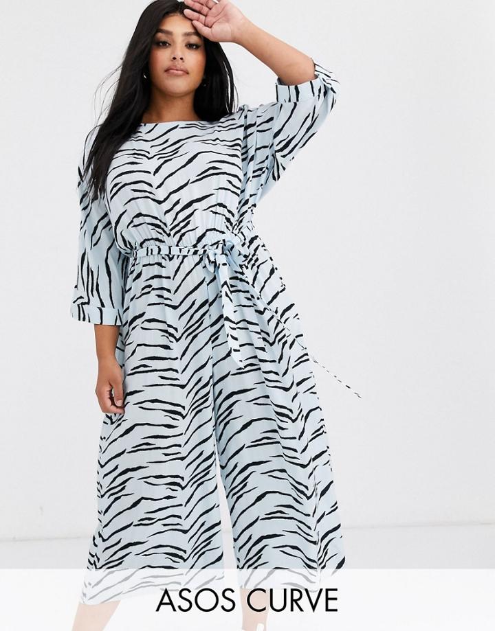 Asos Design Curve Tie Waist Jumpsuit In Tiger Print