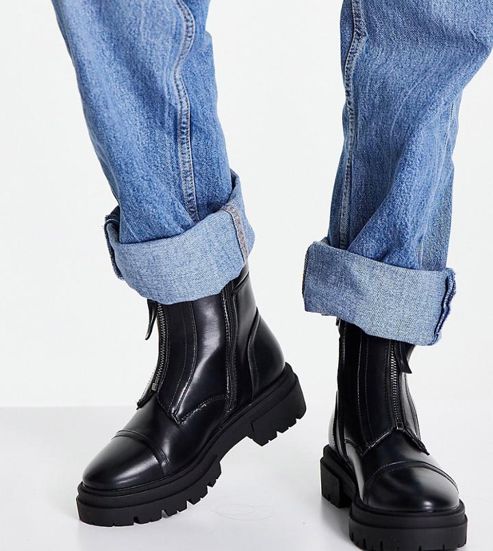 Glamorous Wide Fit Flat Ankle Boots With Front Zip In Black
