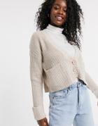 Qed London Cropped Button Through Cardigan In Taupe-beige