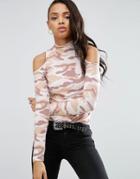 Asos Top With Cold Shoulder And High Neck In Camo Print - Multi
