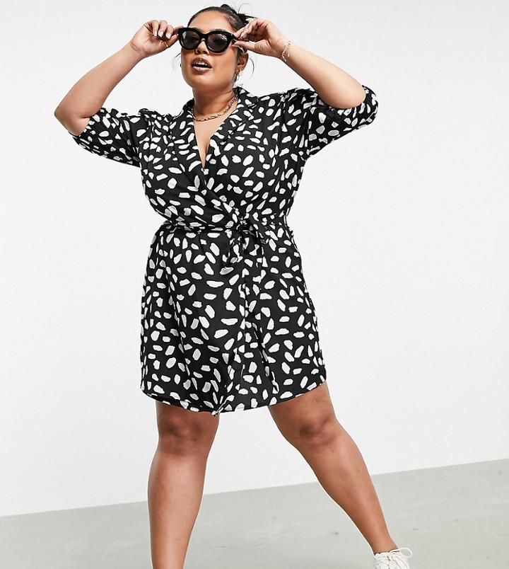 Ax Paris Plus V Neck Mini Dress In Spot-multi