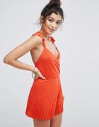Asos Wrap Front Jersey Romper With Twist Strap And Pleated Short - Red
