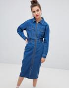 Asos Design Denim Utility Dress In Midwash Blue - Blue