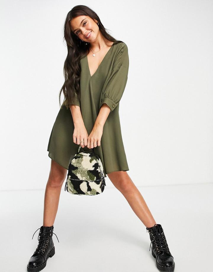 Asos Design V Neck Trapeze Mini Dress With Three Quarter Sleeve In Khaki-green