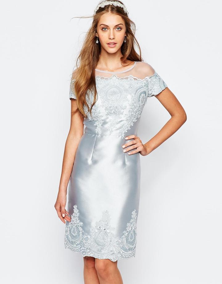 Chi Chi London Midi Pencil Dress With Embroidery And Cap Sleeve - Plein Air