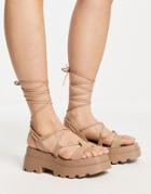 Asos Design Toni Tie Leg Flatform Sandals In Taupe-neutral