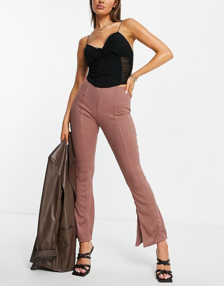 Missyempire Ribbed Jersey Flare Pants In Chocolate - Part Of A Set-brunette