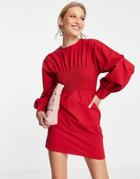Ghospell Balloon Sleeve Mini Dress With Ruched Front In Red
